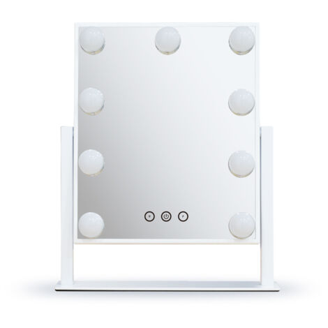 CREA, Miroir de courtoisie Hollywood, 25 cm x 30 cm, 3 couleurs de luminosité réglable, miroir de courtoisie en verre antidéflagrant avec 9 ampoules LED à intensité variable, blanc (1/5)