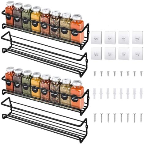 Etagère à épice Lot de 4 étagères à épices murales en métal noir sans perçage ,avec adhésif ou à visser, noir (1/5)