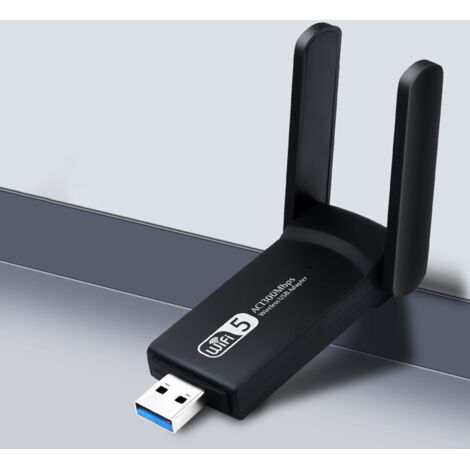 Adaptateur réseau sans fil USB 3.0 Wi-Fi 1300 Mbit/s avec deux antennes 5 dBi pour PC, ordinateurs de bureau et portables 5G/2,4G. Clé Wi-Fi compatible avec Windows 10/8/8.1/7/Vista/XP/Mac OS/Linux. (1/5)