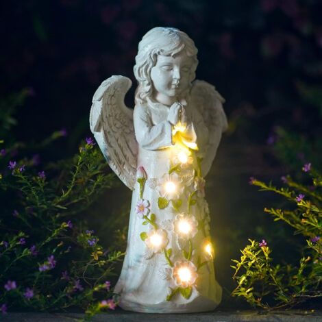 Statue d'ange solaire d'extérieur avec plantes succulentes et 7 lumières LED - Décoration de jardin pour terrasse, balcon, cour - Cadeau de pendaison de crémaillère unique