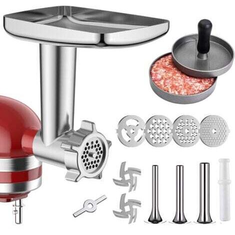 Accessoire de hachoir à nourriture en métal pour mélangeurs sur socle KitchenAid Hachoir à viande, poussoir à saucisses, comprenant 3 accessoires d'étouffoir à saucisses, hachoir à viande Kitchen Aid (1/5)