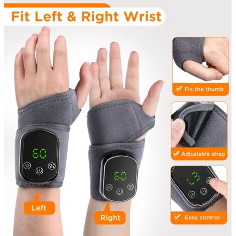 Masseur de poignet portable avec fonction de chauffage et de compression, 3 niveaux de chaleur/intensité réglables, affichage numérique, adapté au massage des mains pour le syndrome du canal carpien