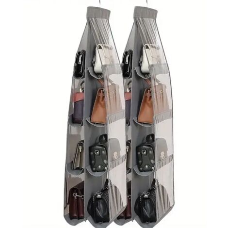 Organisateur de sac à main suspendu en deux parties avec 8 poches, sac de rangement suspendu transparent, sac organisateur, organisateur de garde-robe/placard peu encombrant (gris). (1/5)
