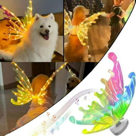 Ailes de fée lumineuses pour chien, ailes de papillon LED pour animaux de compagnie, costumes d'Halloween pour chien, ailes de fée électriques, costume de fée avec lumières LED et musique