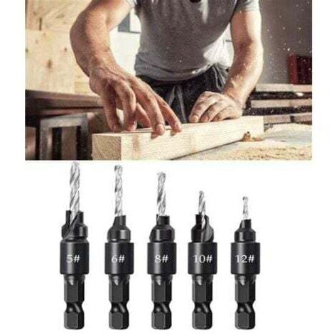 Lot 5 Forets Coniques 3 En 1 Meichoon Avec Clé - Fraisage Vis 5# à 12# Pour Bois