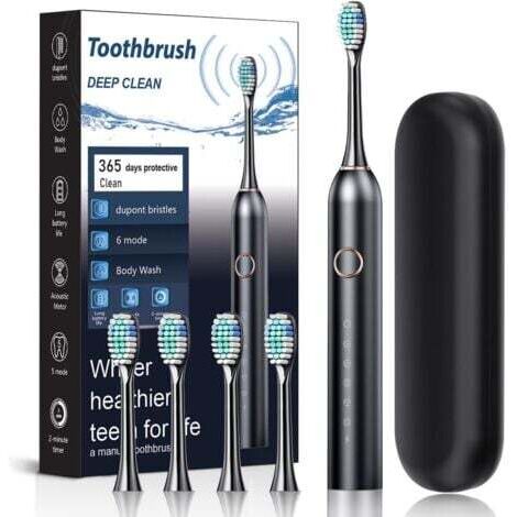 Brosse à Dent Électrique Soniques,Avec 4 Têtes de Brossage,6 Modes, Minuterie Intégrée de 2 Minutes,Rappel de 30 Secondes,Étui de Voyage Inclus,IPX7,Homme/Femme (Black)