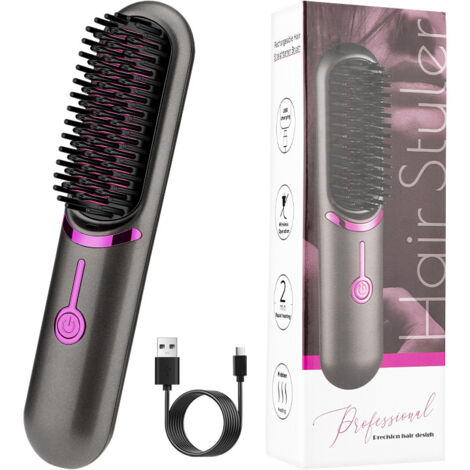 Peigne Chauffant, Brosse lissante sans fil, portable et pratique pour les voyages, rechargeable par USB, 5 400mAh, ion négatif, chauffante, pour femmes et hommes (Noir)