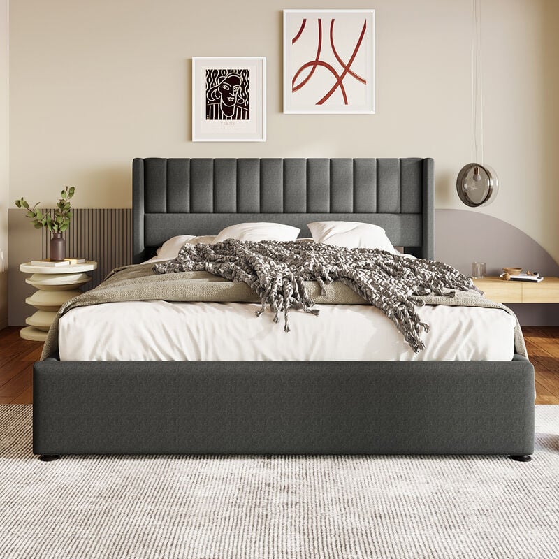 Cama doble hidráulica con cabecera ajustable en altura gris 180 x 200 cm