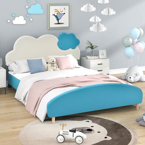 Cama infantil Cama junior Cama tapizada con cabezal PU nube Marco de cama  infantil azul+
