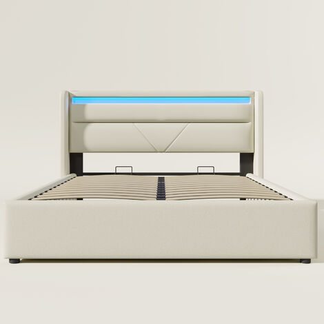 Camas con canapé abatible Cama LED doble de 140x200 cm con somier de  láminas, cómodo cabecero