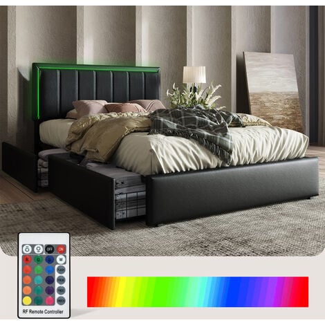 Camas con canapé abatible Somier con tira LED y 2 cajones, cama individual  tapizada negro 90x200