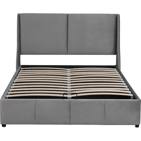 Cama de diseño con canapé, material de lino, canapé hidráulico, somier  doble, espacio de almacenamiento, patas de madera, color negro (gris, 140 x  200 cm) : : Hogar y cocina