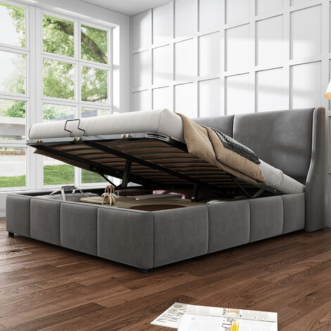 Cama de diseño con canapé, material de lino, canapé hidráulico, somier  doble, espacio de almacenamiento, patas de madera, color negro (gris, 140 x  200 cm) : : Hogar y cocina