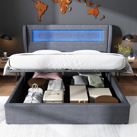 Cama doble con tapizado de terciopelo y LED, almacenaje hidráulico, canapé  y cabecero ajustable, gris, 140x200cm