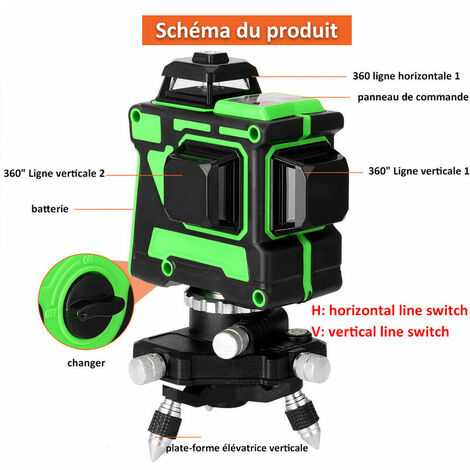 Nivel láser 3D Kit de nivel láser de 12 líneas Medidor + Base giratoria + Soporte de pared + Soporte para trípode + Adaptador de corriente + Bolsa de transporte + Manual UE 220V, enchufe UE con soport