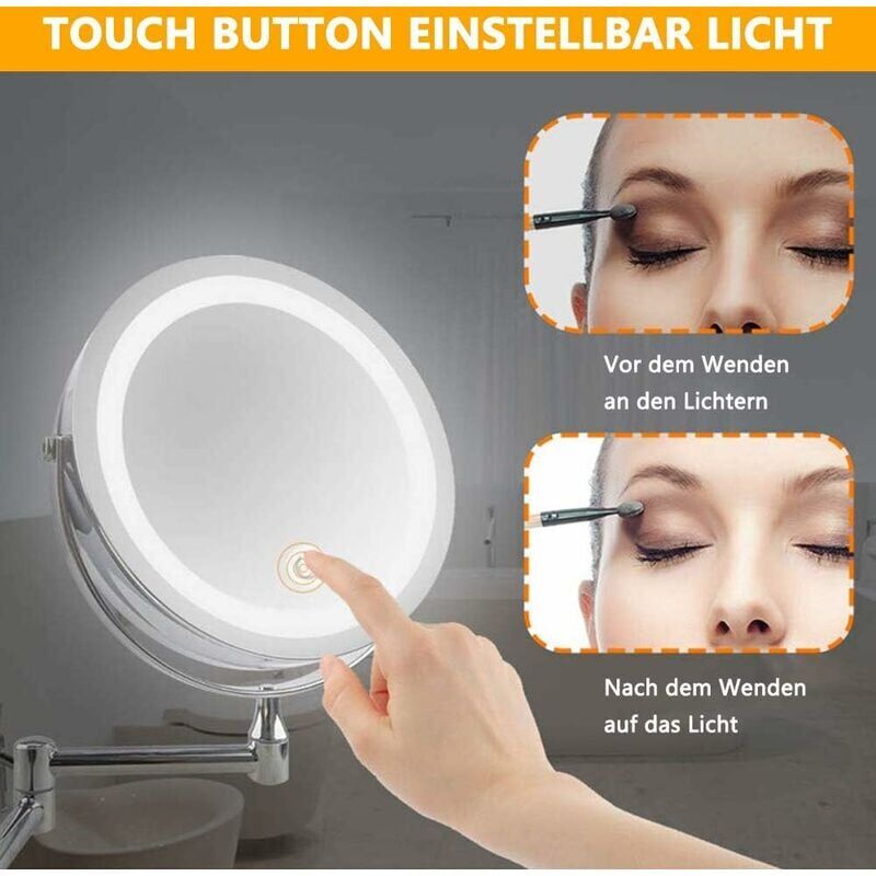 Espejo de aumento con luz, espejo de maquillaje LED, aumento de 10x, brillo  ajustable, tres colores de luz, espejo de maquillaje, espejo de cuello de