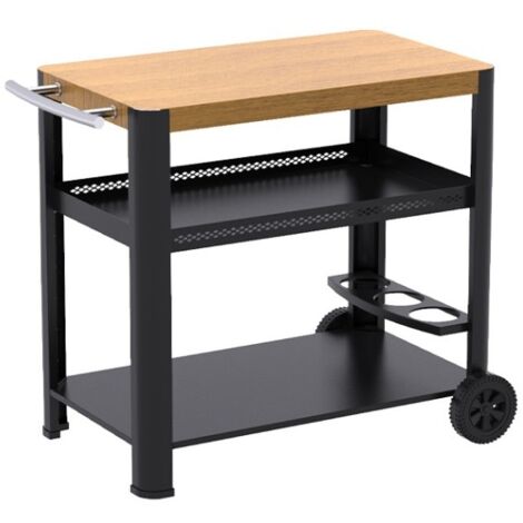 Chariot Desserte Brasero Pour Plancha - Design Bois, 2 Niveaux Rangement, Crochets, Roues, 85x50 Cm - Noir Mat