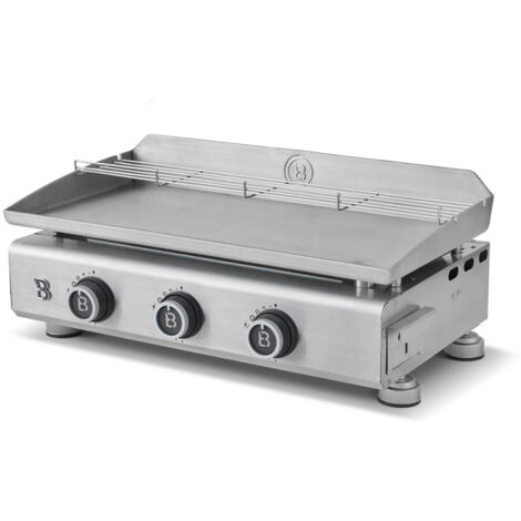 Brasero – Plancha à gaz 3 brûleurs 7,95 kW – Plaque inox 67 x 34 cm – Grille de réchauffement – Récupérateur de graisses Clear Flow