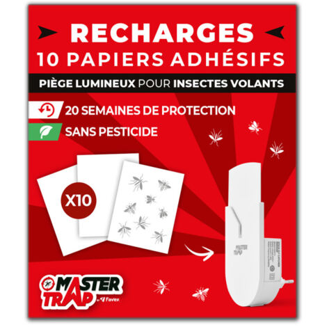 MASTER TRAP - Lot de 10 recharges pour piège lumineux insectes volants Master Trap - Protection mites, mouches à fruits, moucherons - 10 papiers autocollants - Protection 20 semaines (1/2)