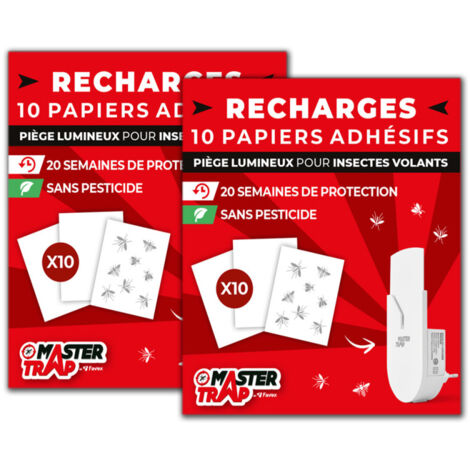 MASTER TRAP - Lot de 20 recharges pour piège lumineux insectes volants Master Trap - Protection mites, mouches à fruits, moucherons - 20 papiers autocollants - Protection 40 semaines (1/2)