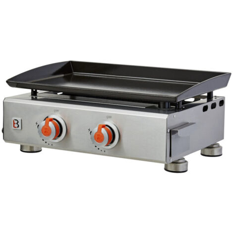 Brasero – Plancha à gaz 2 brûleurs inox – Surface de cuisson 52 x 34 cm – Puissance 5 kW – Tiroir récupérateur de graisses – Allumage piezo
