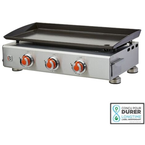BRASERO - Plancha à gaz Alicia II Inox 3 feux Brasero - Surface cuisson 67 x 34 cm - 3 brûleurs - Plaque acier émaillée - Piezo intégré - Tiroir graisse - Jusqu'à 10 convives - 7,5 kW