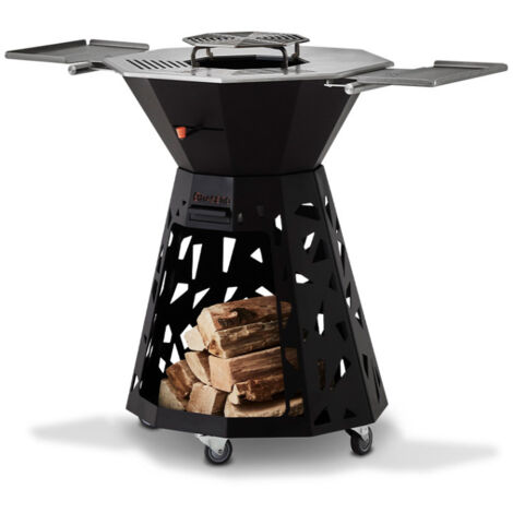 Brasero à bois sur roulettes – Acier peint – 145 x 68,4 x 97,4 cm – Triple utilisation : plancha, barbecue, brasero