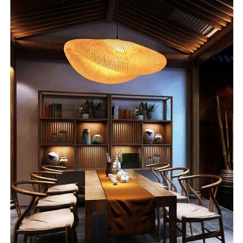 Lustre Suspensionen Bambou Tressé Abat-jour Réglable En Rotin