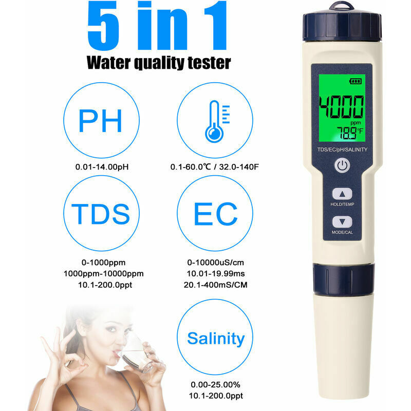 Testeur de pH Numérique 3 en 1 Testeur de pH EC TDS pH Mètre Electronique  avec Rétroéclairée Testeur de Qualité de l'eau IP67 étanche 3 Points de  Automatique de pH(ATC) : 