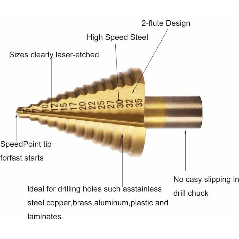 Metal Foret Conique Foret étagé 5mm-35mm,Triangle Conique Titane avec  Revêtement Titane,pour Visseuse Percage sur Acier, Laiton, Bois