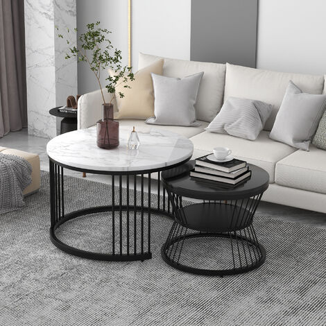 Table basse gigogne lot de 2 table basse ronde - plateau de table brillant marbré cadre noir ø70x45,5+ø45x40cm