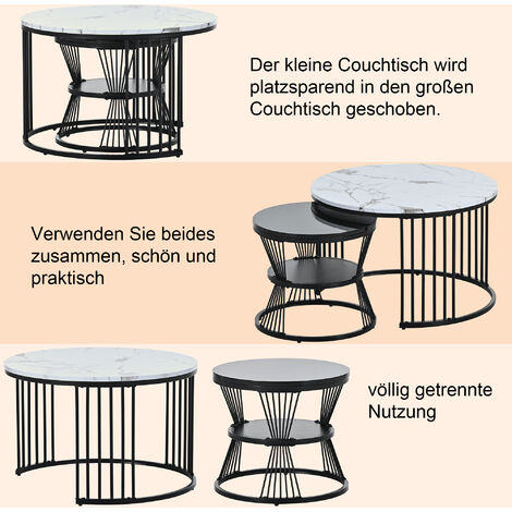 Table basse gigogne lot de 2 table basse ronde - plateau de table brillant marbré cadre noir ø70x45,5+ø45x40cm