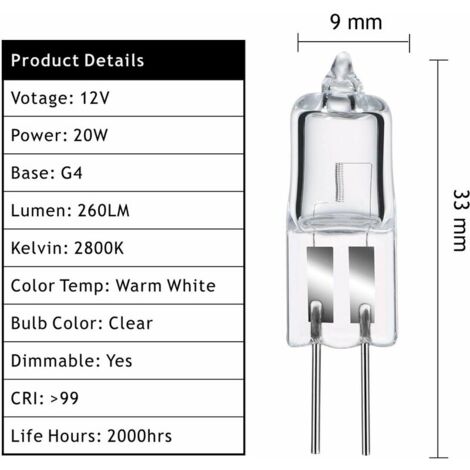 Ampoules Halogènes G4, Lampe de Base à Broche Halogène G4 12V 20W, 2800K Blanc Chaud Gradable G4 Lampe à Capsule Transparente Lot de 10 [Classe énergétique C]