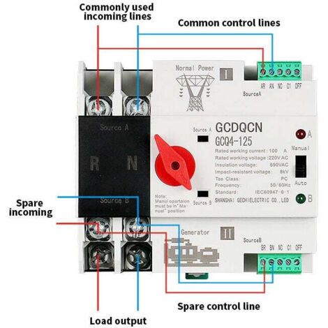 Commutateur De Transfert Auto 2P 100A – Double Alimentation 220V – Montage Rail PZ30 – Commutation En Millisecondes