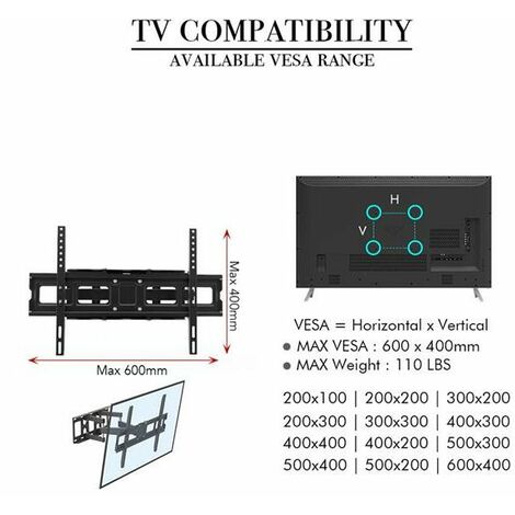 Support TV Mural pour Écran Plat et Incurvé LCD LED 32-70 Pouces, Support TV  Orientable et Inclinable, Bras Doubles Solides et Robustes jusqu'à 50KG,  Max VESA 600×400mm