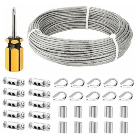 Cable Inox 3mm,50M/3mm Corde en Acier Inoxydable,Cable en Acier Revêtu avec Serre-Câbles,M3 Manchons,Cosses en Acier Inoxydable,3mm Cable Métallique pour Fil a linge,Cable de Garde Corps,TRIMEC