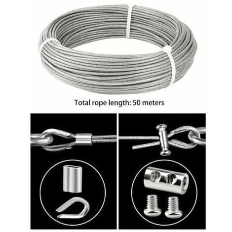Cable Inox 3mm,50M/3mm Corde en Acier Inoxydable,Cable en Acier Revêtu avec Serre-Câbles,M3 Manchons,Cosses en Acier Inoxydable,3mm Cable Métallique pour Fil a linge,Cable de Garde Corps,TRIMEC