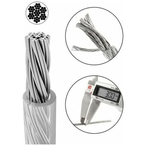 Cable Inox 3mm,50M/3mm Corde en Acier Inoxydable,Cable en Acier Revêtu avec Serre-Câbles,M3 Manchons,Cosses en Acier Inoxydable,3mm Cable Métallique pour Fil a linge,Cable de Garde Corps,TRIMEC