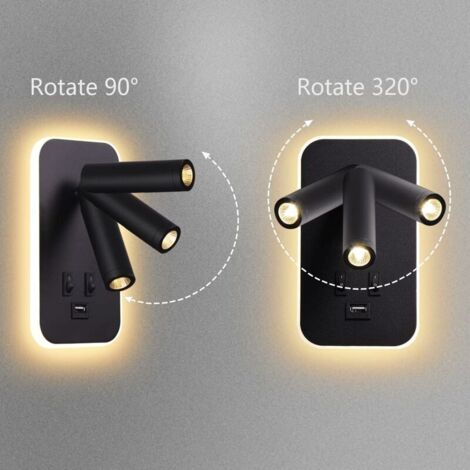 Applique murale LED, liseuse de chevet avec interrupteur, port de charge USB, éclairage d'ambiance de chambre à coucher Spot réglable Noir [Classe énergétique F],TRIMEC