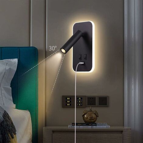 Applique murale LED, liseuse de chevet avec interrupteur, port de charge USB, éclairage d'ambiance de chambre à coucher Spot réglable Noir [Classe énergétique F],TRIMEC