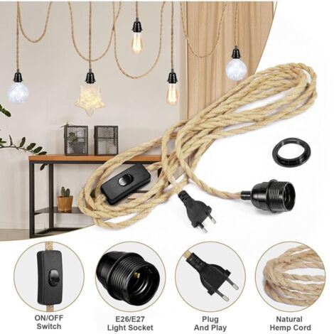 4.5M Câble électrique en lin 2 Conducteurs, avec E27 Douille et Interrupteur, pour DIY Lampe(sans ampoule),TRIMEC
