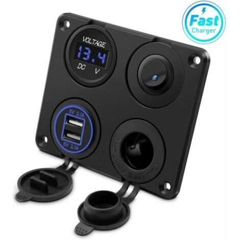 Prise allume-cigare, double port USB 4.2A, prise DC 12V, interrupteur et affichage LED Voltmètre Prise courant chargeur voiture étanche pour voiture 12V/24V, bateaux et marine, moto,camion,SUV, UTV,TR