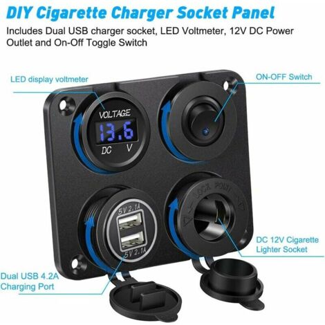 Prise allume-cigare, double port USB 4.2A, prise DC 12V, interrupteur et affichage LED Voltmètre Prise courant chargeur voiture étanche pour voiture 12V/24V, bateaux et marine, moto,camion,SUV, UTV,TR
