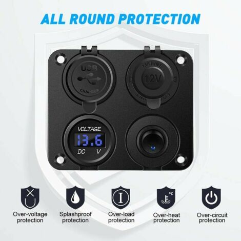 Prise allume-cigare, double port USB 4.2A, prise DC 12V, interrupteur et affichage LED Voltmètre Prise courant chargeur voiture étanche pour voiture 12V/24V, bateaux et marine, moto,camion,SUV, UTV,TR