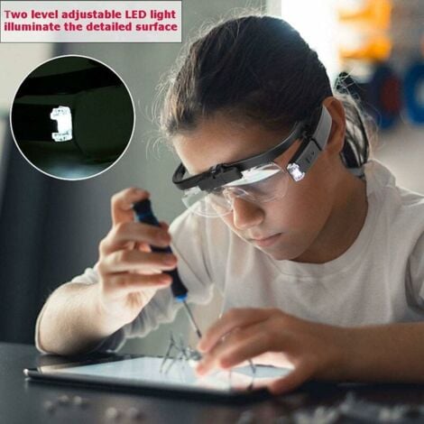 Lunette Loupe Eclairante LED 2 Lumières, Loupe Serre-Tête pour Lecture Précision Travail Horloger Malvoyant Main , USB Rechargeable Loupe Frontale Grossissante Interchangeable 1.5X, 2X, 2.5X,TRIMEC
