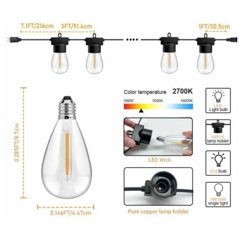 15M Guirlande Lumineuse Extérieure LED avec 15 Ampoules E27 S14 en Plastique IP44 Étanche Guirlande pour Jardin Cour Patio Noël,TRIMEC