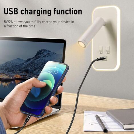 Applique murale LED, liseuse de chevet avec interrupteur, port de charge USB, éclairage d'ambiance réglable pour chambre à coucher (lumière naturelle 3 W + lumière chaude 10 W) Blanc,TRIMEC
