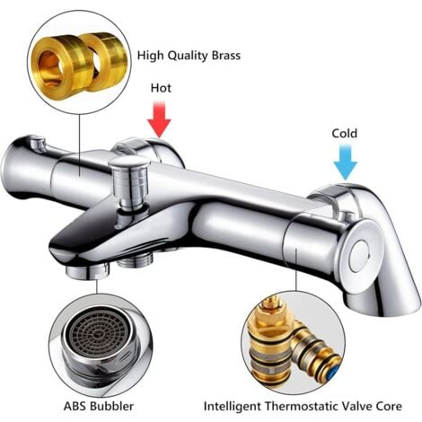 Mitigeur Thermostatique Baignoire, Robinet Thermostatique Bain Douche avec Bouton de Sécurisé à 38°C, Robinets de douche Thermostatique pour Baignoire, Laiton, Anti-brûlure--TRIMEC