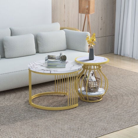 Table basse, lot de 2 tables basses rondes de salon avec structure en métal, table d'appoint blanche, tables gigognes modernes pour le salon, aspect marbre blanc doré