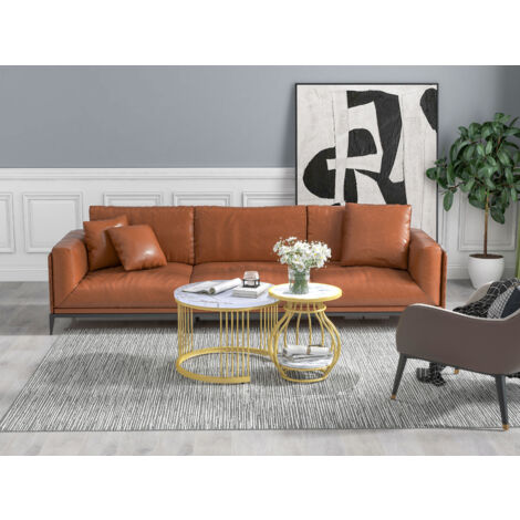 Table basse, lot de 2 tables basses rondes de salon avec structure en métal, table d'appoint blanche, tables gigognes modernes pour le salon, aspect marbre blanc doré
